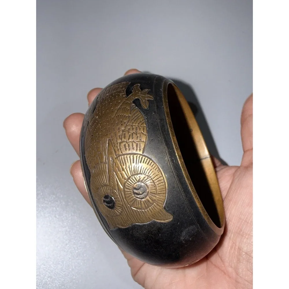 Vintage‎ Brass Etched Owl Design Wide Cuff Bracelet
